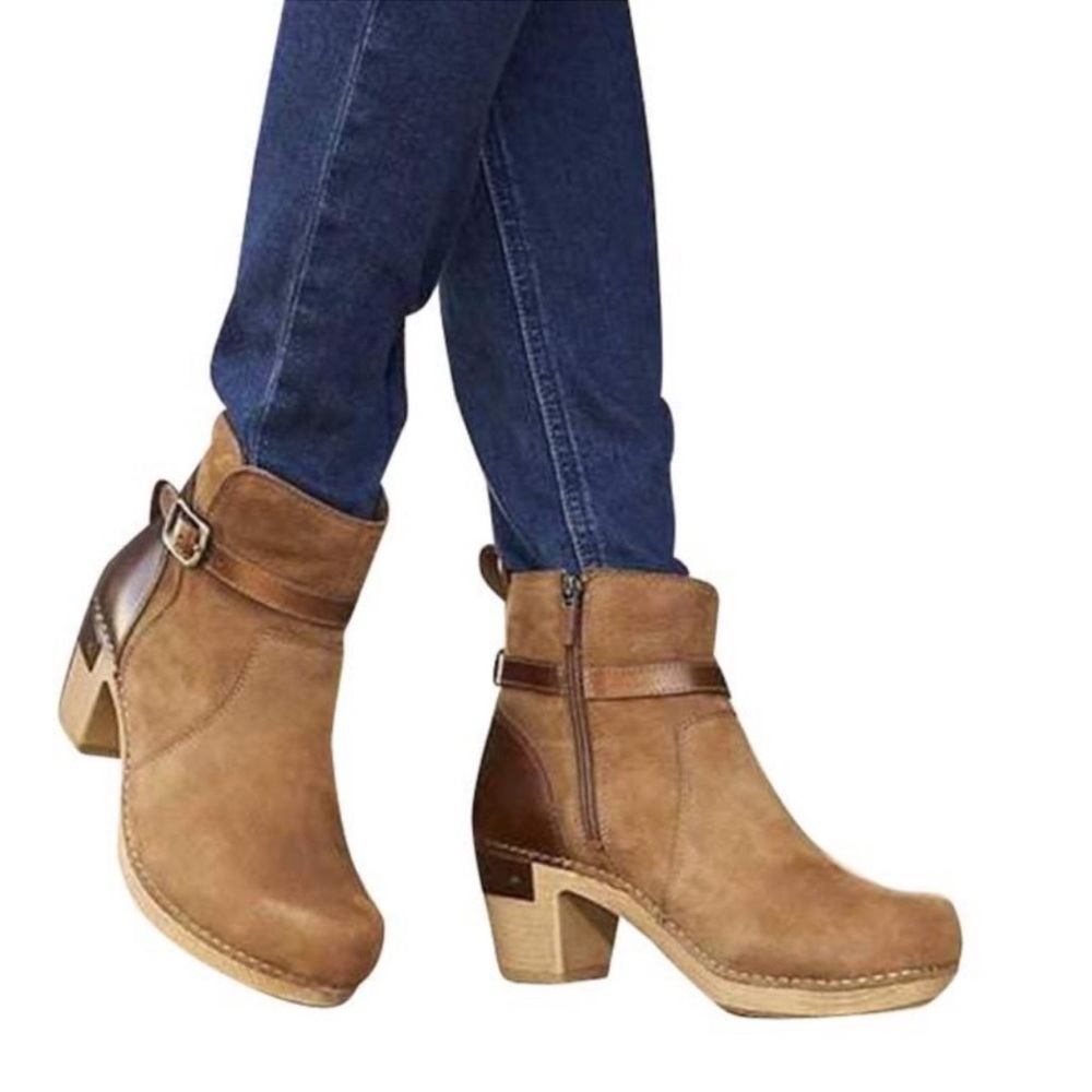 Dansko Anya Biscotti Brown Nude Leather Zip Buckled Platform Ankle Bootie 5.5/36